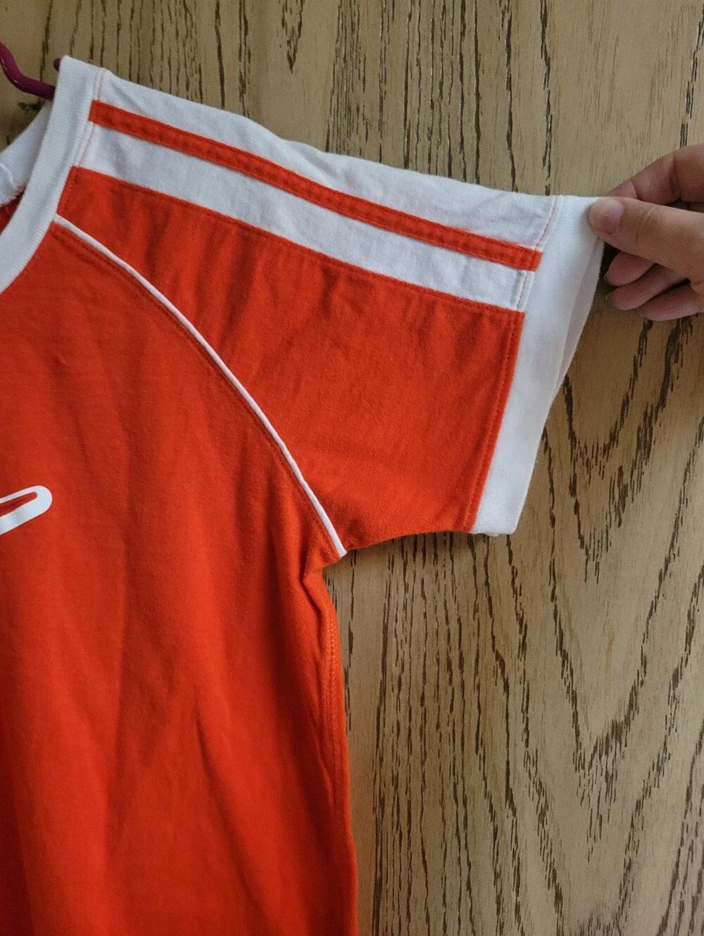 Vintage 90s NIKE Ringer T-Shirt CENTER SHWOOSH Racing Stripes Orange Adult LARGE